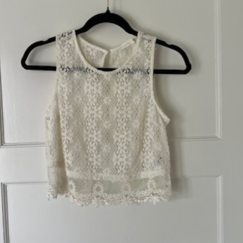 Lush White Lace Crop Top Embroidered Knit, Size Small